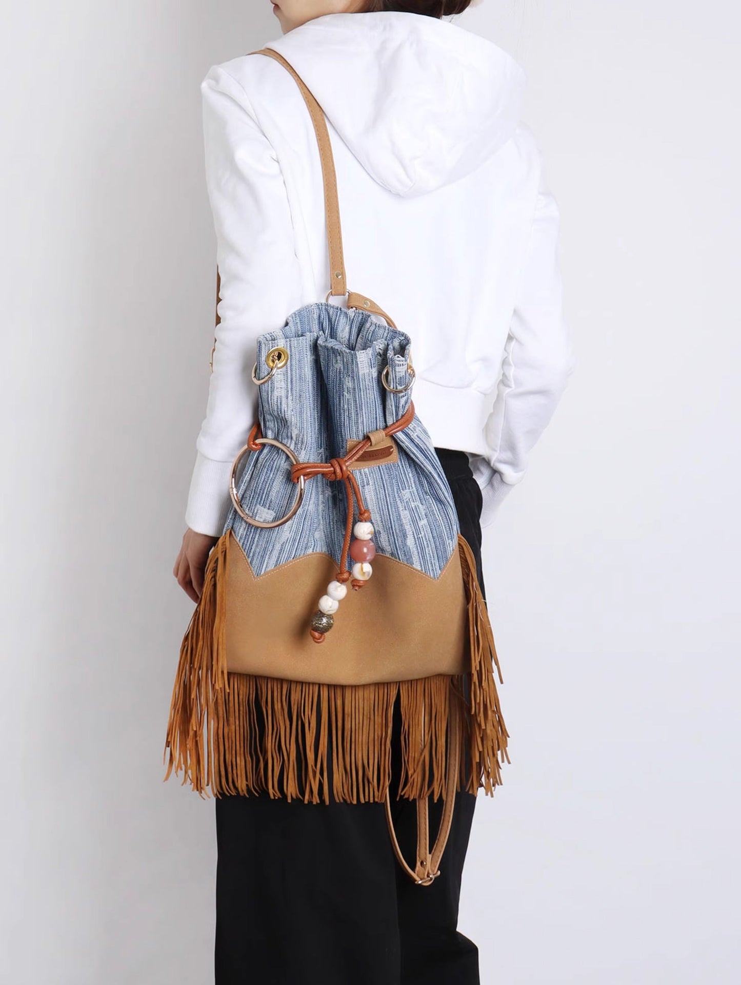 Original Denim Shoulder Bag Fringe Backpack Style with Tan Faux Suede Fringe Details - Bohemian, Vintage, Eclectic for Casual Outings, Festivals, Travel, Ideal for Spacious and Unique Style for Women