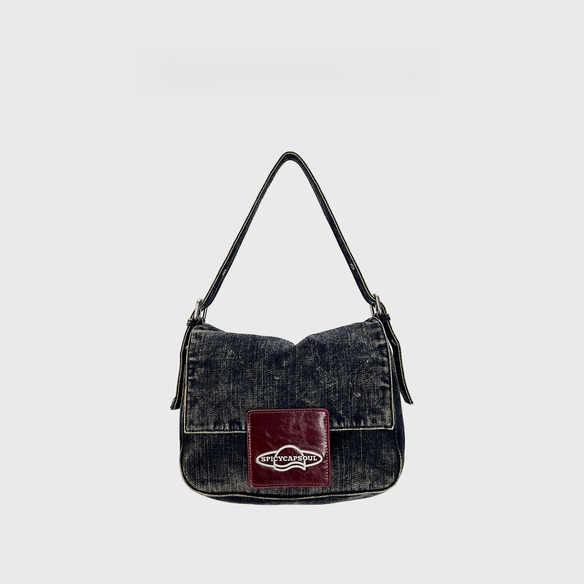 Original Denim and Leather Hand Bag with a Glossy Logo Patch Design in Blue Denim with a Glossy Burgundy Leather Patch and Sleek Flap Design - Stylish, Urban for Casual Outings, Shopping, Everyday Use for Women