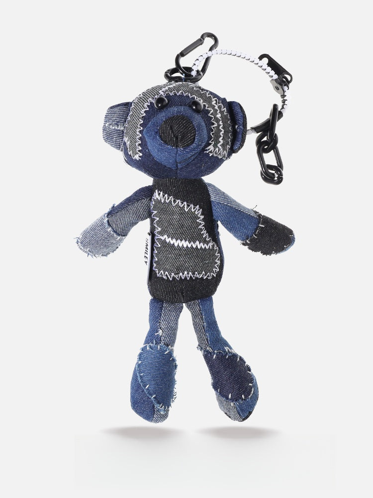 Original Denim Teddy Bear Keychain Pendant with Patchwork Denim and Embroidered Accents Design - Playful, Creative for Accessory, Gift, Decoration, Ideal for Adding a Quirky Touch to Your Keys or Bag for Unisex
