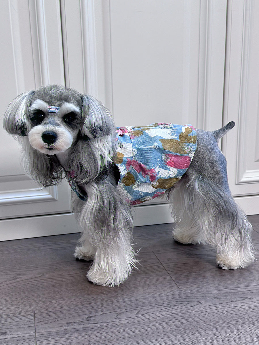 Original Denim Dog Vest Design with Blue Denim and Colorful Abstract Print - Stylish, Casual for Daily Wear, Outings, Casual Events, Ideal for Adding Comfort and Fashion to Your Pet’s Wardrobe for Pets