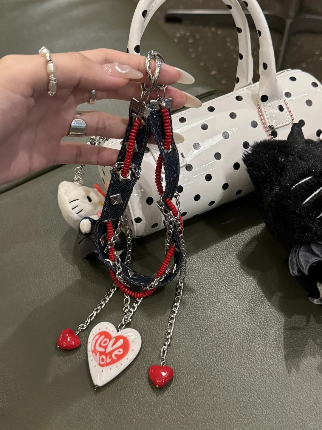 Original Denim Bracelet Design with Blue Denim, Red and Silver Chain Accents, and "Love" Heart Charm - Edgy, Romantic for Casual Wear, Gift, Parties, Ideal for Adding a Trendy and Expressive Accessory to Your Wrist for Women