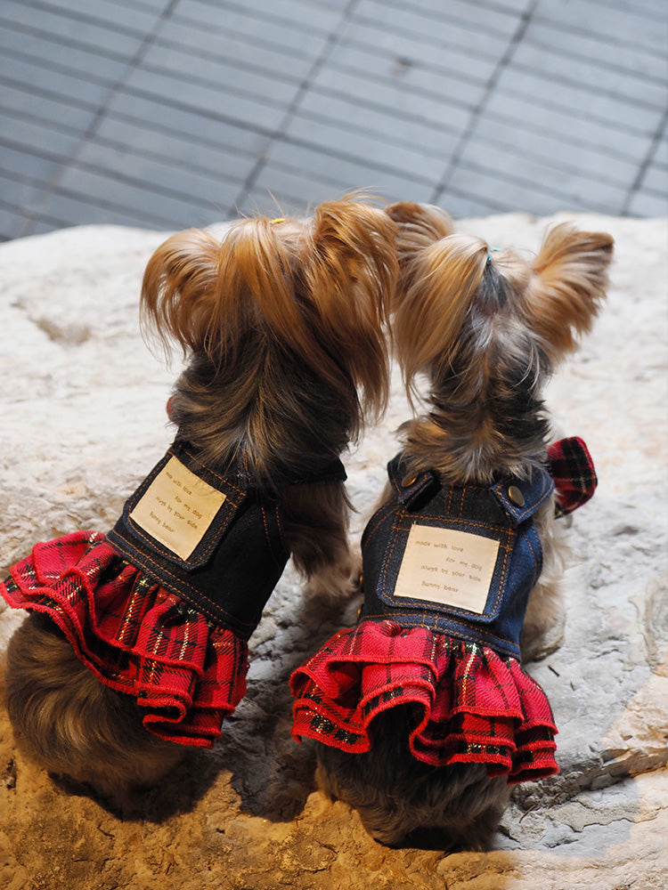 Original Denim Dog Dress Design with Blue Denim and Red Plaid Ruffled Skirt - Cute, Fashionable for Daily Wear, Outings, Special Occasions, Ideal for Keeping Your Pet Stylish and Comfortable for Pets