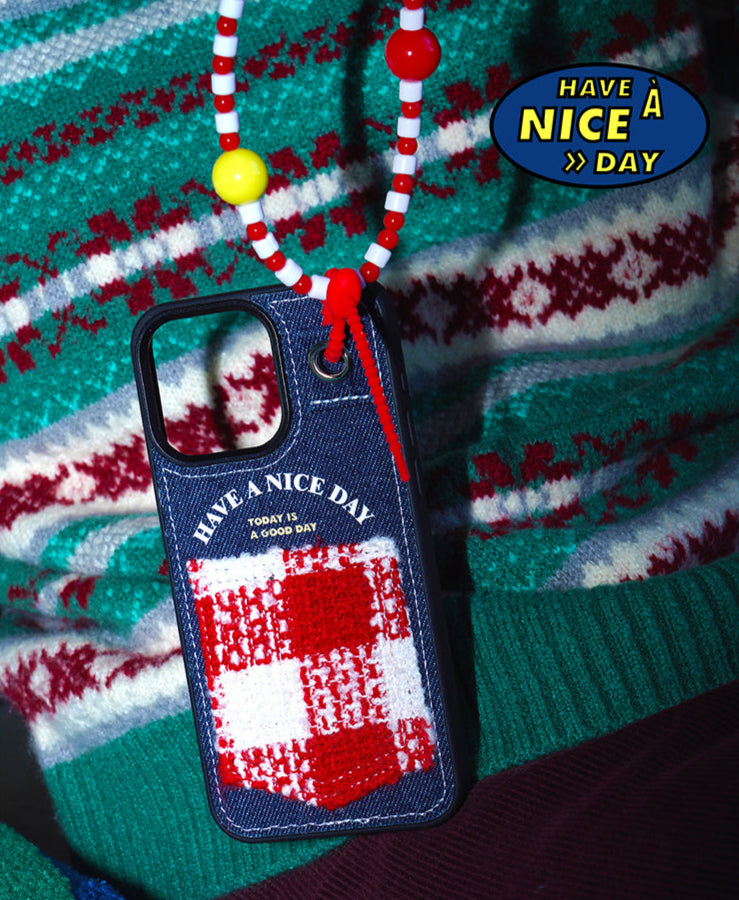 Original Denim Phone Case with Checkered Design and Beaded Strap - Playful and Trendy Design, Ideal for Daily Use and Gifting for Unisex