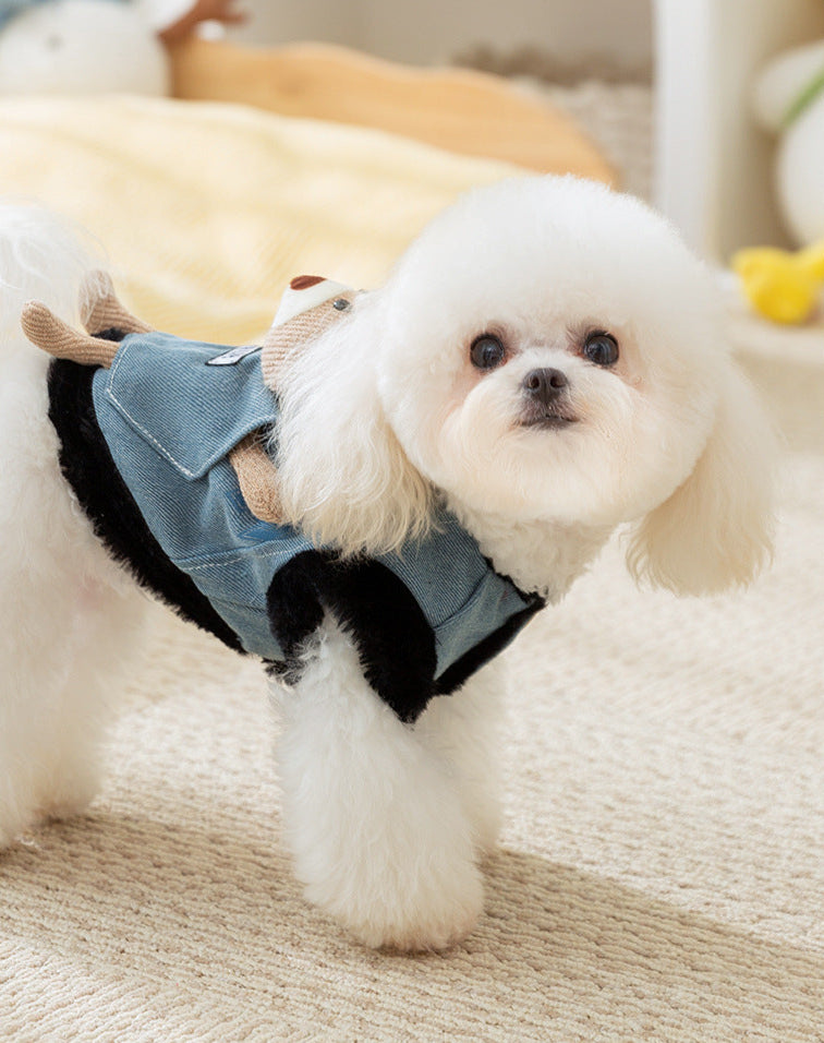 Trendy Denim Pet Vest with Soft Denim and Plush Bear Toy Accent - Cute, Cozy, Playful Design, Provides Warmth and Adds a Touch of Cuteness for Daily Wear and Photo Shoots for Pets