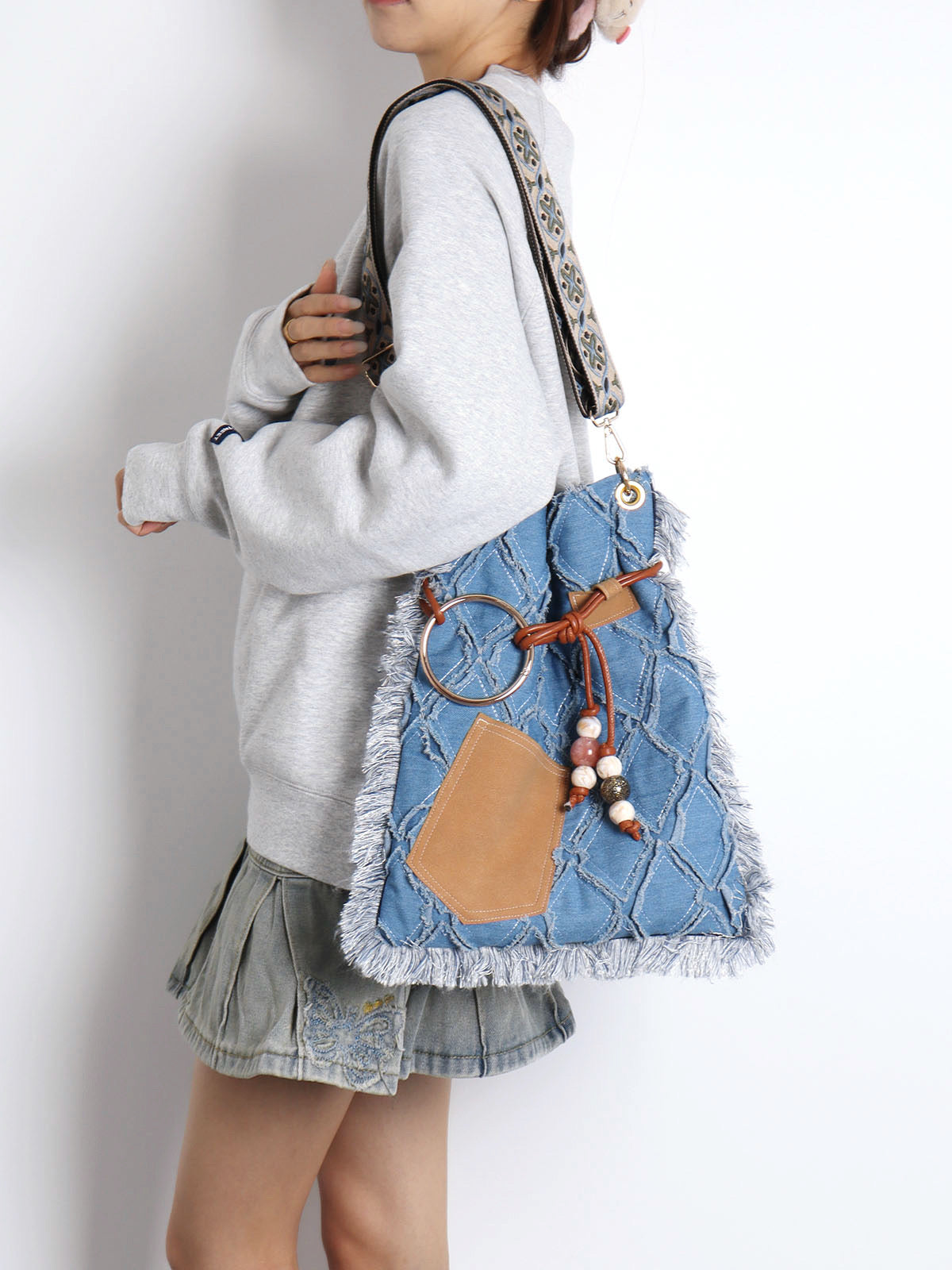 Original Denim Shoulder Bag Fringe Backpack Style with Tan Faux Suede Fringe Details - Bohemian, Vintage, Eclectic for Casual Outings, Festivals, Travel, Ideal for Spacious and Unique Style for Women