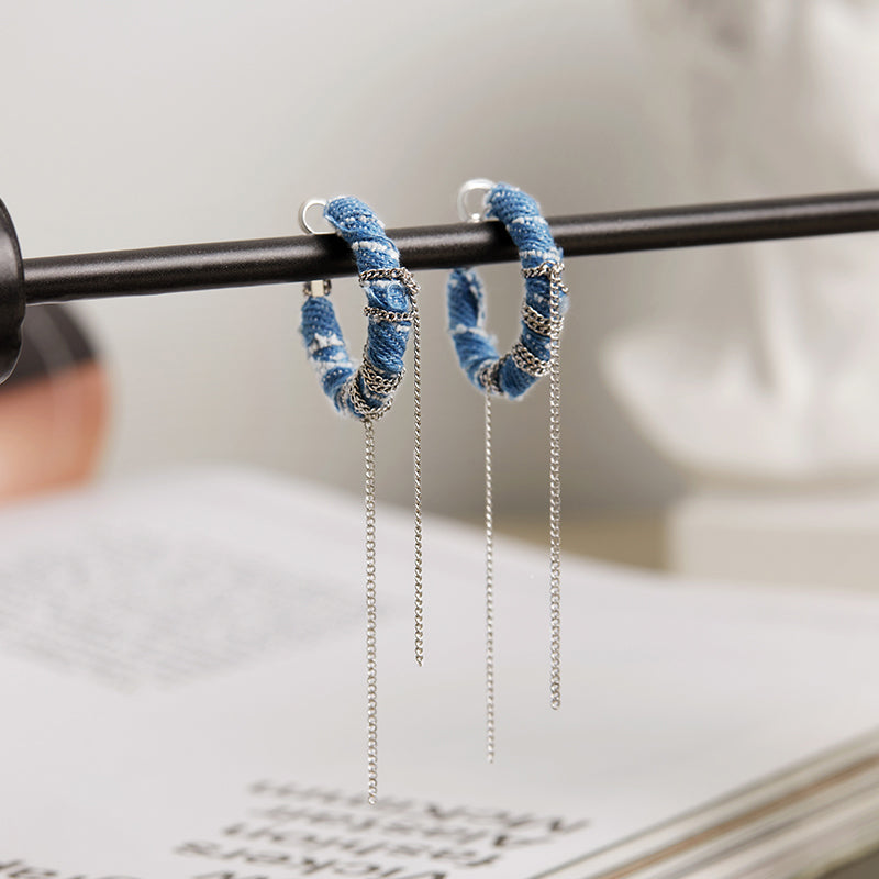 Original Denim Hoop Earrings Design with Blue Denim Wrapped Around Silver Chain and Hanging Silver Chains - Trendy, Edgy for Casual Wear, Fashion Accessories, Parties, Ideal for Adding a Stylish and Versatile Touch to Your Look for Women
