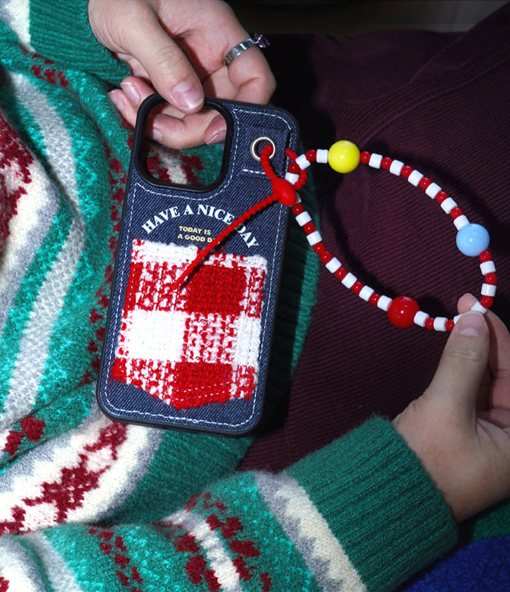 Original Denim Phone Case with Checkered Design and Beaded Strap - Playful and Trendy Design, Ideal for Daily Use and Gifting for Unisex