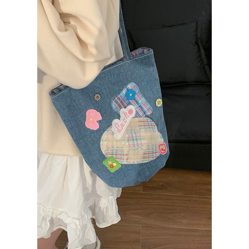 Original Denim Tote Bag with Colorful Patchwork Design - Fun and Casual Style, Ideal for Daily Outings and Light Shopping for Women
