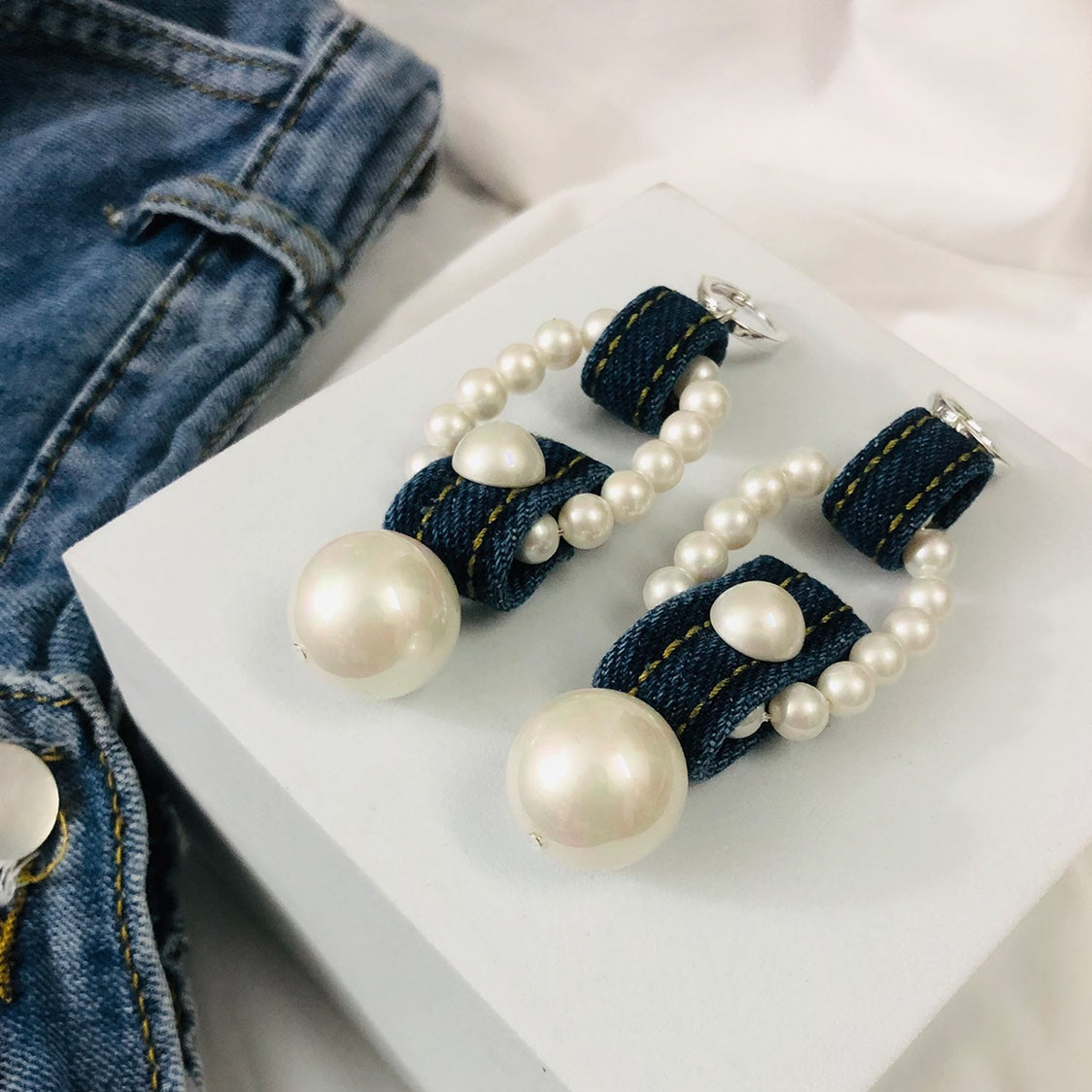 Original Denim Pearl Earrings Design with Blue Denim and Large Pearl Embellishments - Elegant, Stylish for Casual Outings, Special Occasions, Daily Wear, Ideal for Adding a Chic and Versatile Touch to Your Look for Women