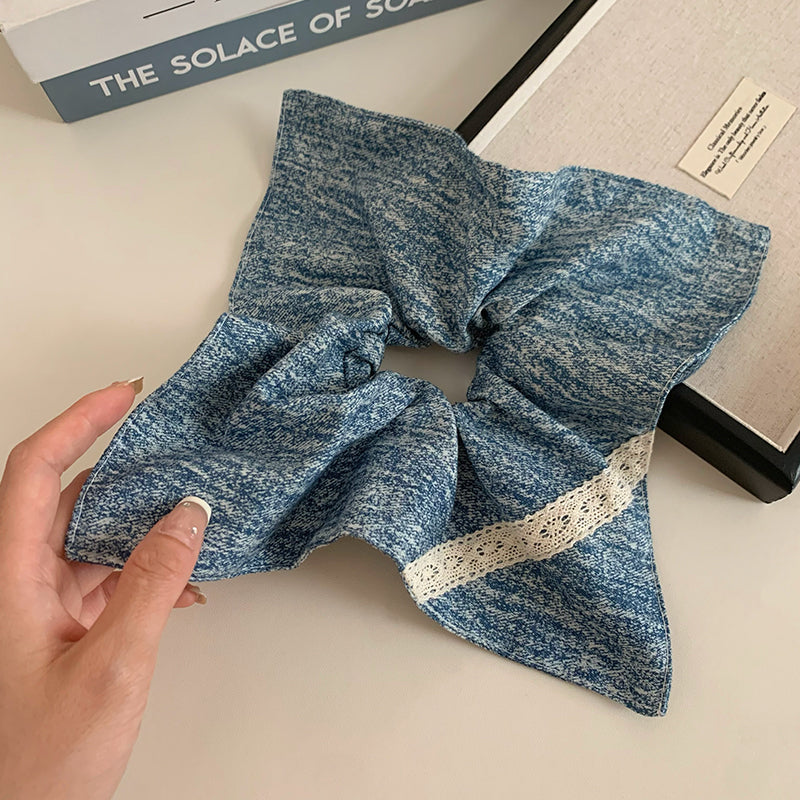 Original Denim Scrunchie Design with Blue Denim and Lace Accent - Casual, Cute for Daily Wear, Casual Outings, Hair Accessories, Ideal for Keeping Your Hair in Place While Adding Style and Comfort for Women