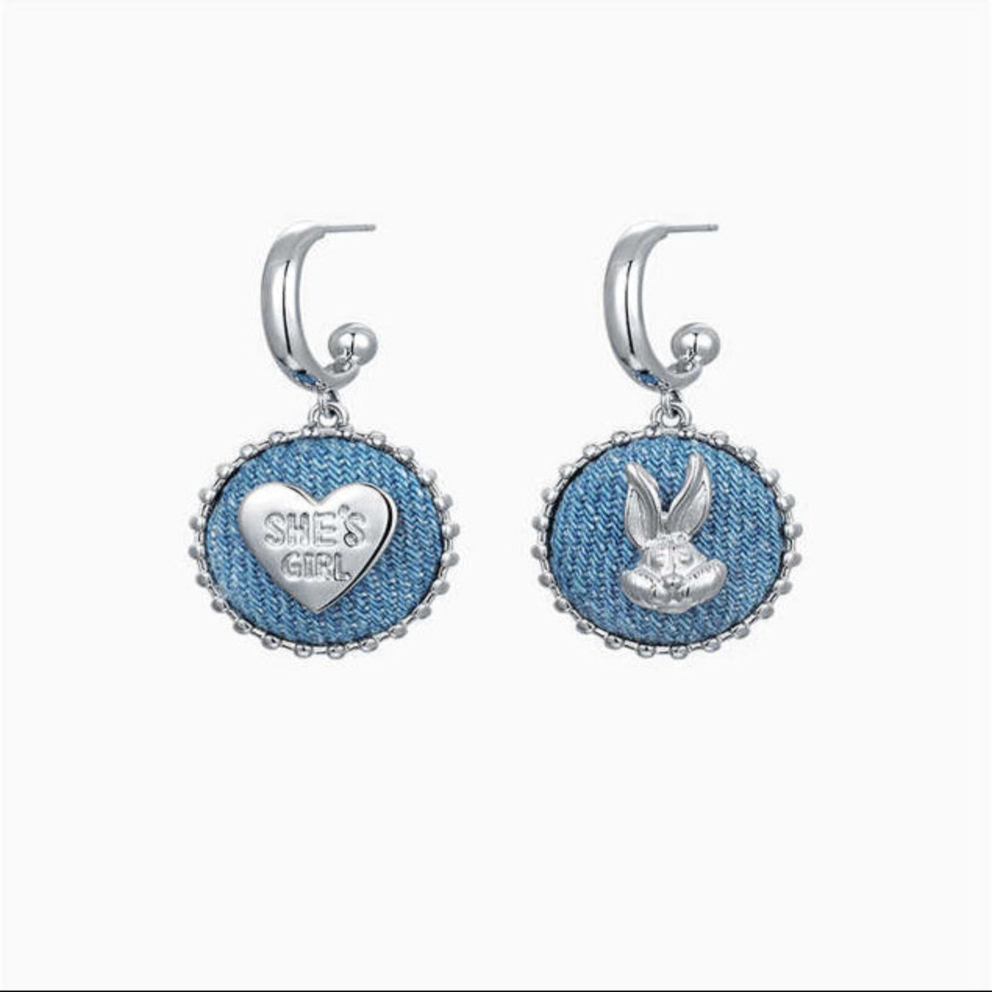 Trendy Denim Bunny and Heart Charm Earrings - Playful and Fun Style, Lightweight, Versatile for Young Women