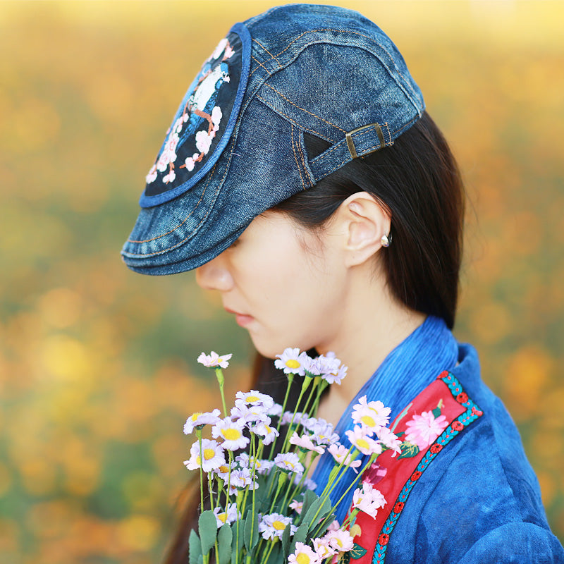 Original Denim Baseball Cap with Bird and Floral Embroidery Design - Artistic, Stylish Protection for Casual Outings and Outdoor Activities for Women