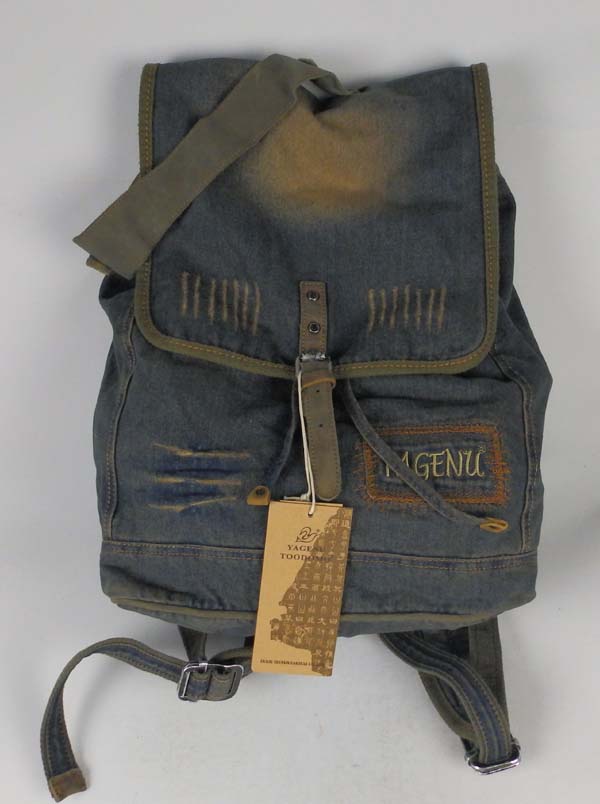 Original Distressed Denim Backpack with Buckle Strap and Patch Details - Rugged and Stylish Design, Ideal for Daily Wear and Travel for Unisex