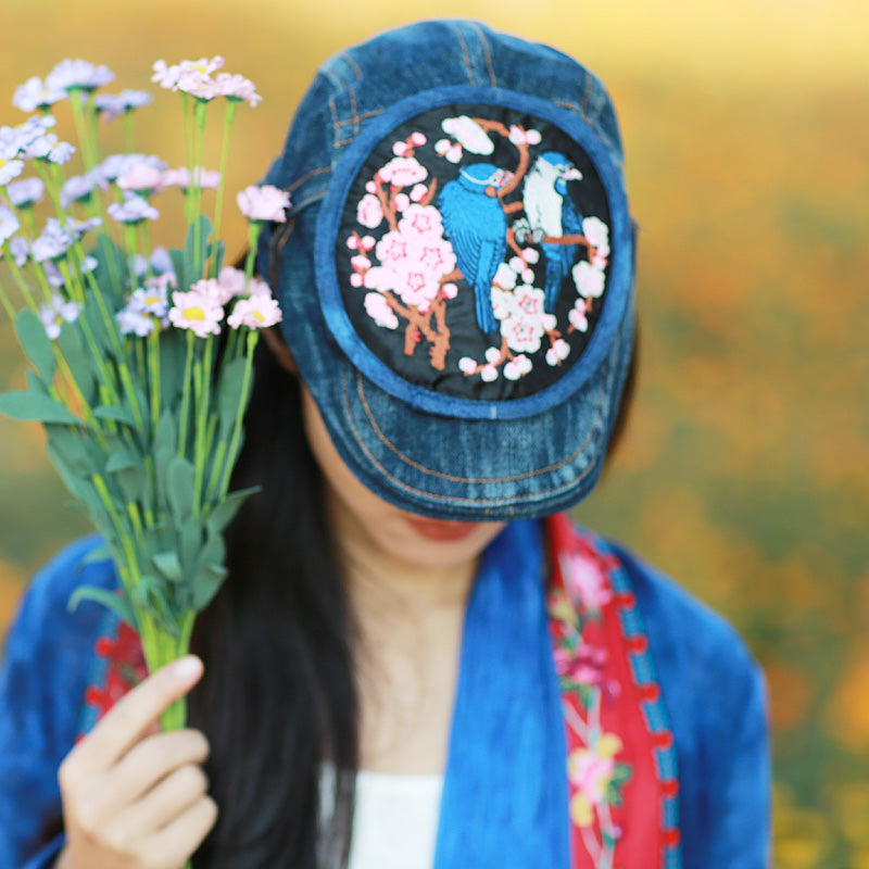 Original Denim Baseball Cap with Bird and Floral Embroidery Design - Artistic, Stylish Protection for Casual Outings and Outdoor Activities for Women