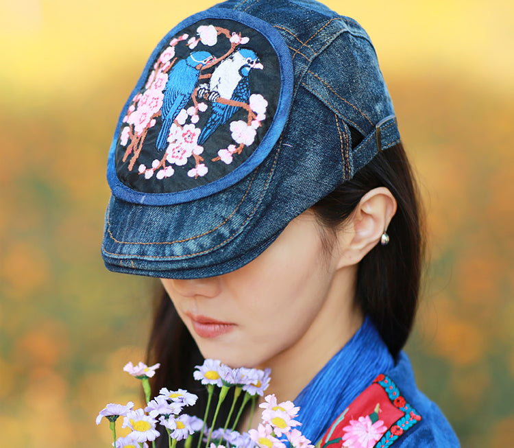 Original Denim Baseball Cap with Bird and Floral Embroidery Design - Artistic, Stylish Protection for Casual Outings and Outdoor Activities for Women