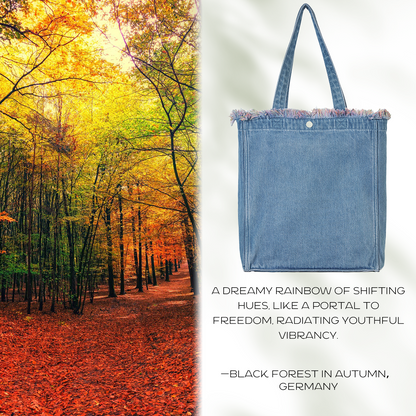 DENIM MUSEUM Forest Glow Series - Denim-Tasche mit Quaste, verträumter Natur-Stil, ätherische künstlerische Wahl