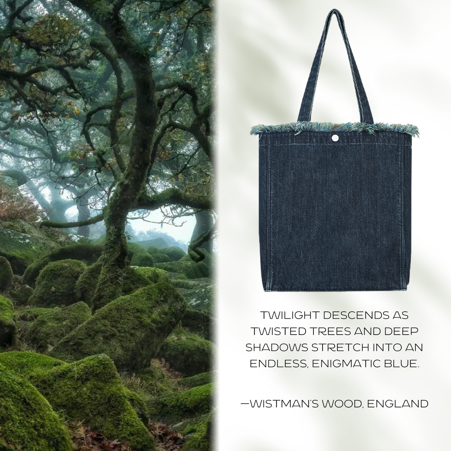 DENIM MUSEUM Forest of Solitude Denim Tote - Dreifache Blautöne, inspiriert von der Mystik der Natur, mit verträumtem Fransendetail