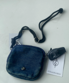 Original Dark Denim Coin Pouch with Metallic Crescent and Chain Keyring - Edgy and Modern Design for Unisex