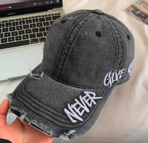 Original Distressed Denim Baseball Cap with Embroidered Text - Trendy and Casual Design, Ideal for Casual Wear and Outdoor Activities for Women