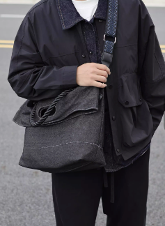 Original Denim Tote Bag Design with Dark Gray Denim and Unique Rope Handle - Modern, Casual for Daily Outings, Work, Casual Activities, Ideal for Carrying Essentials in a Practical and Stylish Way for Men