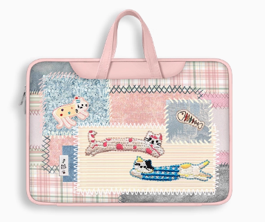 Denim Style PU Original Patchwork Laptop Bag Design with Denim and Fabric Mix and Unique Cat Design - Artistic, Quirky for Daily Use, Work, Travel, Ideal for Adding Creativity and Durability to Your Daily Essentials for Unisex