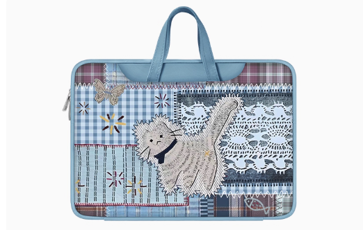 Denim Style PU Original Patchwork Laptop Bag Design with Denim and Fabric Mix and Unique Cat Design - Artistic, Quirky for Daily Use, Work, Travel, Ideal for Adding Creativity and Durability to Your Daily Essentials for Unisex