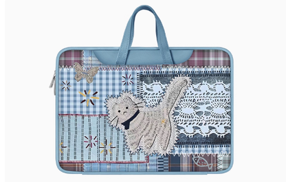 Denim Style PU Original Patchwork Laptop Bag Design with Denim and Fabric Mix and Unique Cat Design - Artistic, Quirky for Daily Use, Work, Travel, Ideal for Adding Creativity and Durability to Your Daily Essentials for Unisex