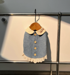 Original Lightweight Denim Outfit with Lace Hem and Buttoned Back - Vintage and Elegant Design, Perfect for Special Occasions and Daily Wear for Pets