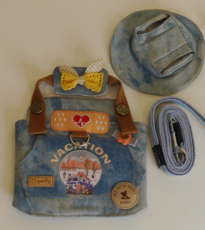 Trendy Denim Pet Outfit with Vacation Graphic and Adjustable Harness - Casual, Fun, Comfortable Design for Outdoor Walks, Photo Shoots, and Casual Outings for Pets