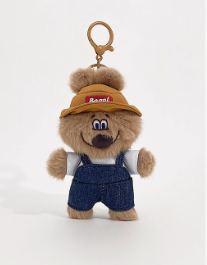 Original Plush Keychain with Fluffy White Plush Bear in Denim Overalls and Bucket Hat - Cute, Playful Design for Bags, Keys, and Accessories, Soft, Lightweight, Portable for Unisex