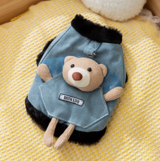 Trendy Denim Pet Vest with Soft Denim and Plush Bear Toy Accent - Cute, Cozy, Playful Design, Provides Warmth and Adds a Touch of Cuteness for Daily Wear and Photo Shoots  for Pets