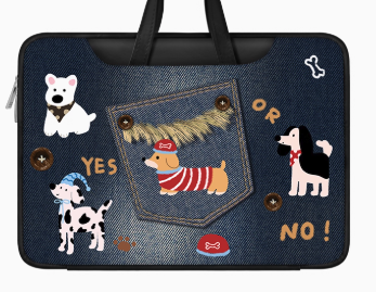 Denim Style PU Trendy Laptop Bag with Playful Patchwork and Embroidered Dog Scene - Cute, Casual, Artistic Style, Laptop Protection, Organization, Portability for Work, School, and Travel for Unisex