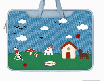 Denim Style PU Trendy Laptop Bag with Playful Patchwork and Embroidered Dog Scene - Cute, Casual, Artistic Style, Laptop Protection, Organization, Portability for Work, School, and Travel for Unisex