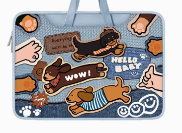 Denim Style PU Trendy Laptop Bag with Playful Patchwork and Embroidered Dog Scene - Cute, Casual, Artistic Style, Laptop Protection, Organization, Portability for Work, School, and Travel for Unisex