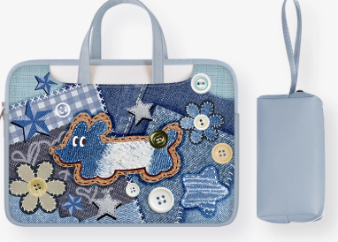 Denim Style PU Trendy Laptop Bag with Patchwork , Floral, and Star Appliqu√© - Creative, Artistic, Vintage Style, Laptop Protection, Organization, Statement Piece for Work, School, and Travel for Unisex