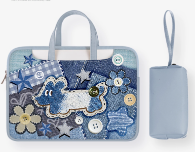 Denim Style PU Trendy Laptop Bag with Patchwork , Floral, and Star Appliqu√© - Creative, Artistic, Vintage Style, Laptop Protection, Organization, Statement Piece for Work, School, and Travel for Unisex