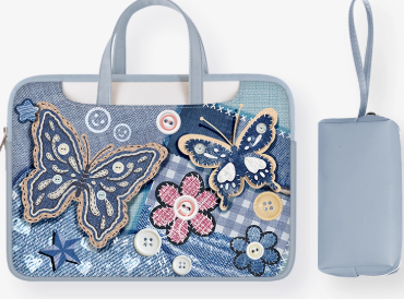 Denim Style PU Trendy Laptop Bag with Patchwork , Floral, and Star Appliqu√© - Creative, Artistic, Vintage Style, Laptop Protection, Organization, Statement Piece for Work, School, and Travel for Unisex
