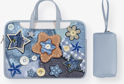 Denim Style PU Trendy Laptop Bag with Patchwork , Floral, and Star Appliqu√© - Creative, Artistic, Vintage Style, Laptop Protection, Organization, Statement Piece for Work, School, and Travel for Unisex