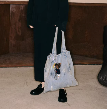 Original Denim Tote Bag with Handcrafted Doll Charm Design in Faded Blue Denim with a Unique Handmade Doll Keychain Attached - Stylish, Playful for Daily Use, Casual Outings, Shopping, Travel, Ideal for Adding a Fun, for Women