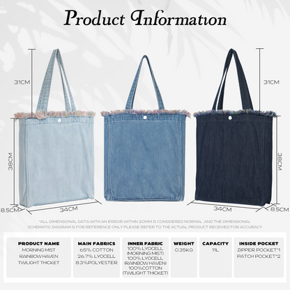 DENIM MUSEUM Forest Glow Series - Denim-Tasche mit Quaste, verträumter Natur-Stil, ätherische künstlerische Wahl