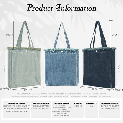 DENIM MUSEUM Forest of Solitude Denim Tote - Dreifache Blautöne, inspiriert von der Mystik der Natur, mit verträumtem Fransendetail