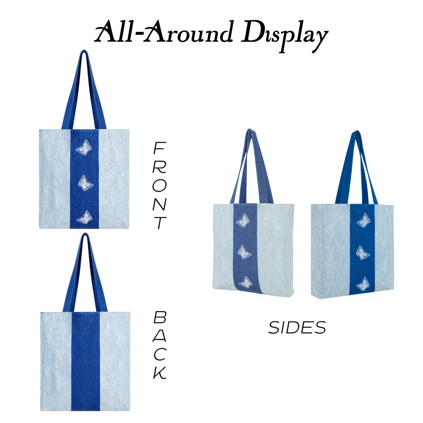 Premium Lace Butterfly Denim Tote Bag for Women, 2025 Summer Romantic Niche Foldable Large Designer Handbag with Pockets