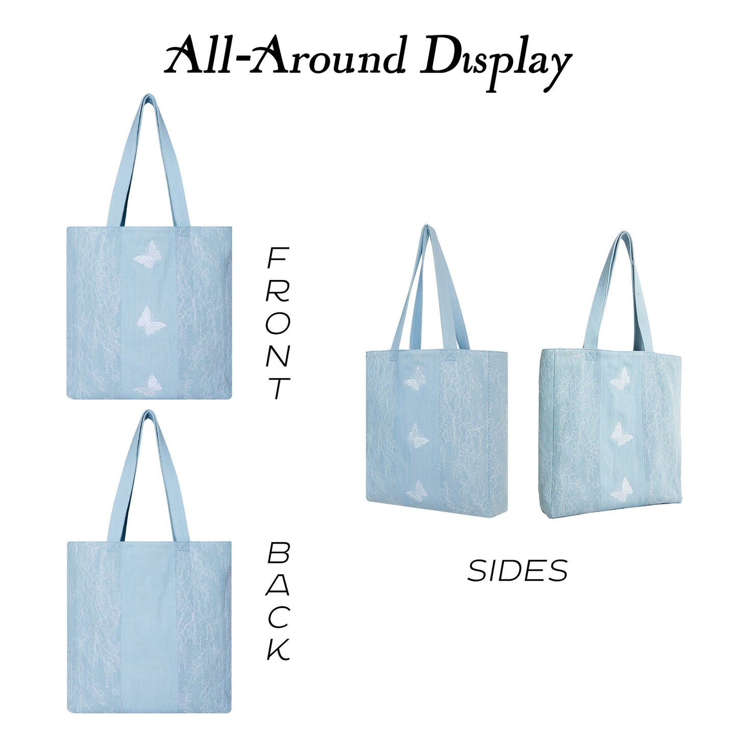 Premium Lace Butterfly Denim Tote Bag for Women, 2025 Summer Romantic Niche Foldable Large Designer Handbag with Pockets