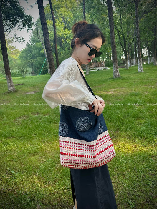 Original Denim Shoulder Bag with Blue Denim, Frayed Floral Denim Patches, and Colorful Woven Base - Bohemian, Chic, Stylish Style ,Ideal for Casual Outings, Shopping, and Weekend Trips for Women
