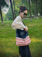 Original Denim Shoulder Bag with Blue Denim, Frayed Floral Denim Patches, and Colorful Woven Base - Bohemian, Chic, Stylish Style ,Ideal for Casual Outings, Shopping, and Weekend Trips for Women