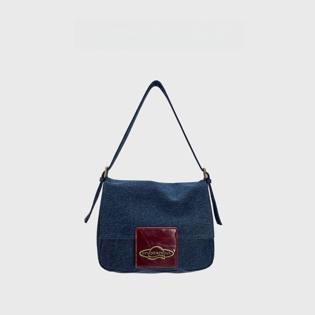 Original Denim and Leather Hand Bag with a Glossy Logo Patch Design in Blue Denim with a Glossy Burgundy Leather Patch and Sleek Flap Design - Stylish, Urban for Casual Outings, Shopping, Everyday Use for Women