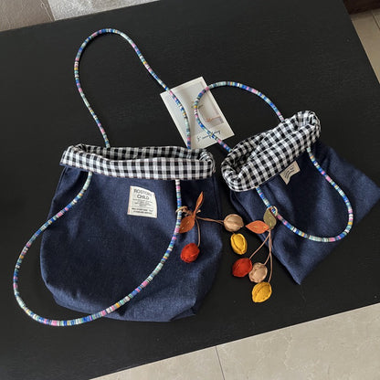 Original Gingham and Navy Shoulder Bags with Pom-Pom Accents - Stylish and Practical Design, Ideal for Daily Outings and Shopping for Women