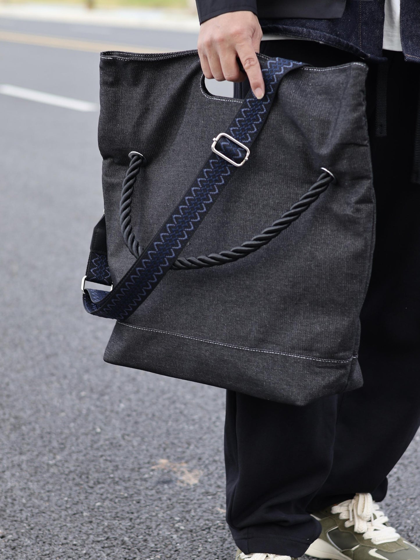 Original Denim Tote Bag Design with Dark Gray Denim and Unique Rope Handle - Modern, Casual for Daily Outings, Work, Casual Activities, Ideal for Carrying Essentials in a Practical and Stylish Way for Men