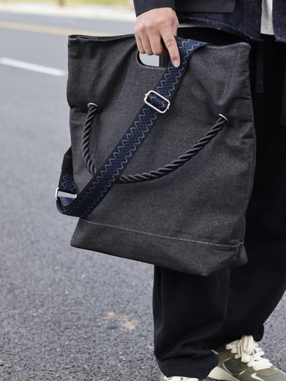 Original Denim Tote Bag Design with Dark Gray Denim and Unique Rope Handle - Modern, Casual for Daily Outings, Work, Casual Activities, Ideal for Carrying Essentials in a Practical and Stylish Way for Men