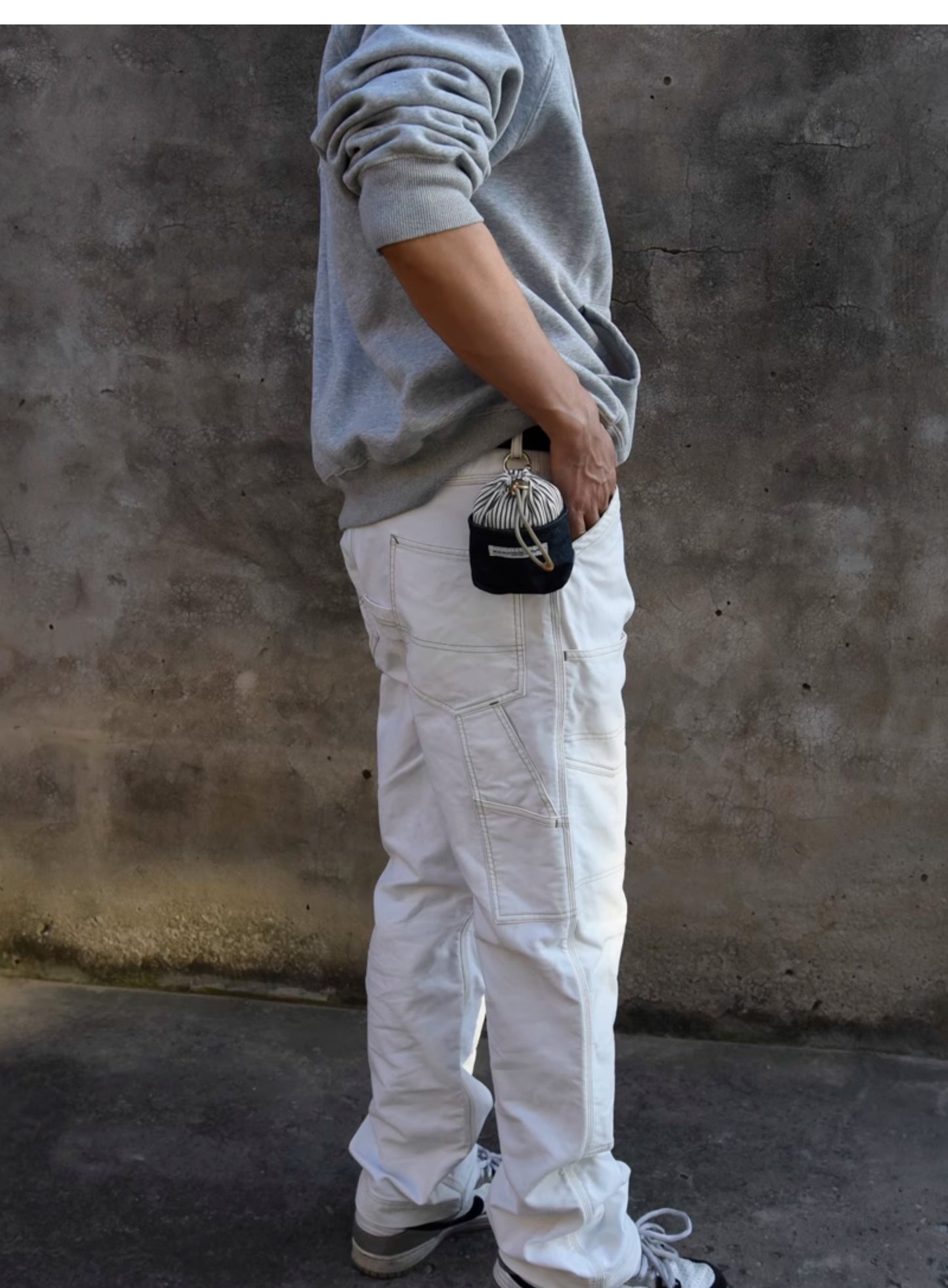 Original Denim Drawstring Pouch Design with Dark Blue Denim and Striped Canvas Top - Rustic, Vintage for Everyday Carry, Travel, Casual Use, Ideal for Keeping Small Essentials Secure in a Stylish Way for Unisex